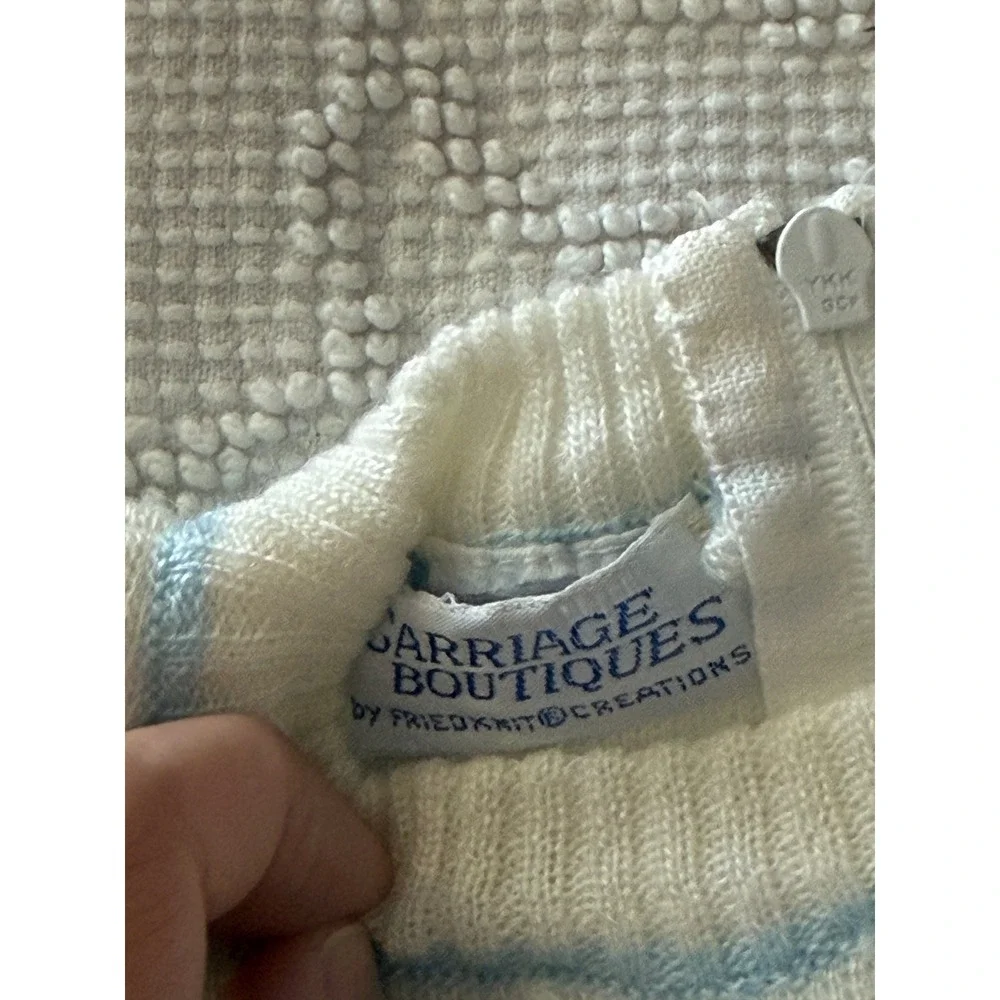 Carriage Boutiques Vintage Knit Train Footed Romper White Blue Boy One Piece